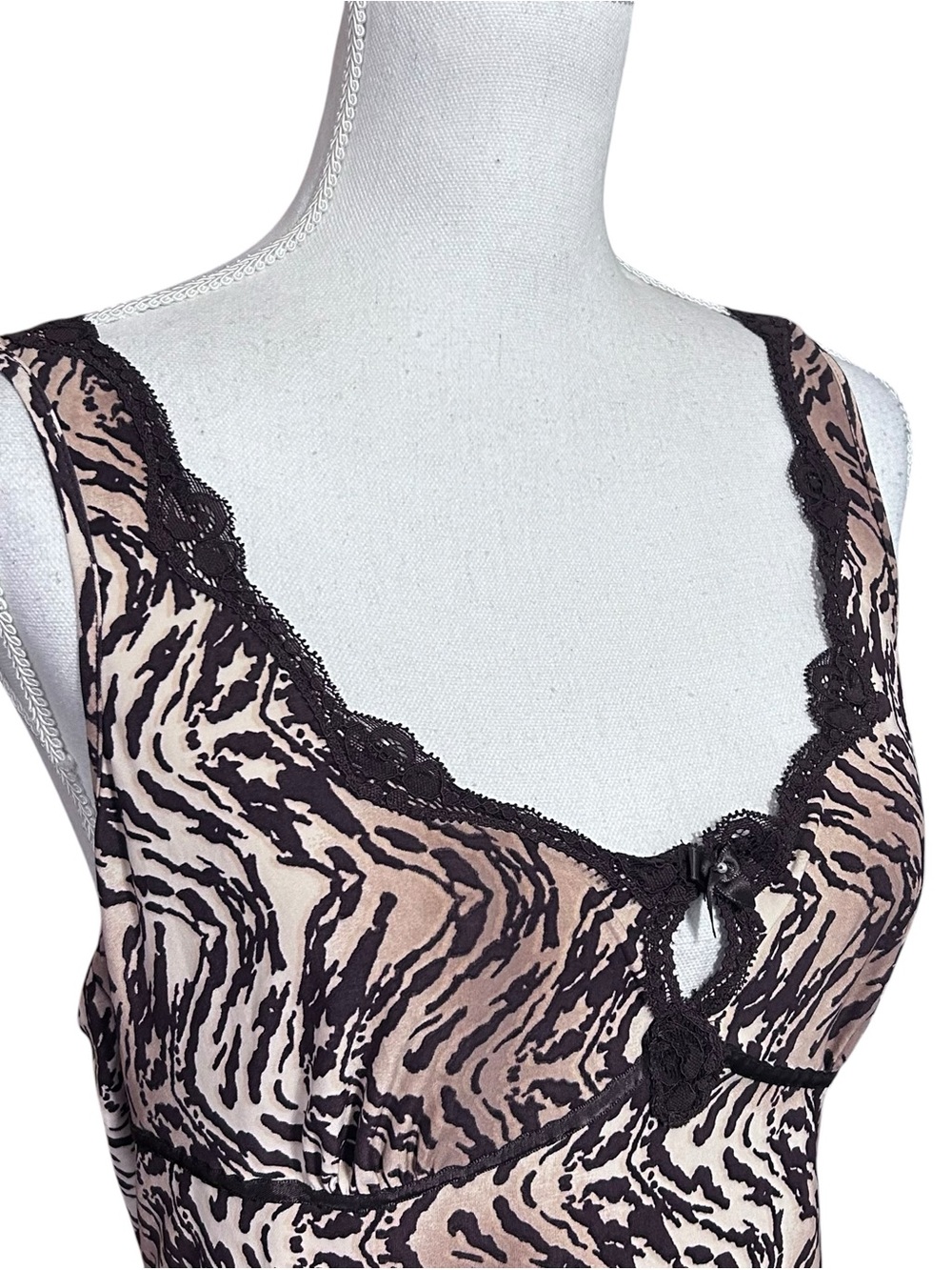 Vtg Linea Donatella Y2K Animal Print Babydoll Top Womens Size M Brown Lace 90s - Picture 3 of 11